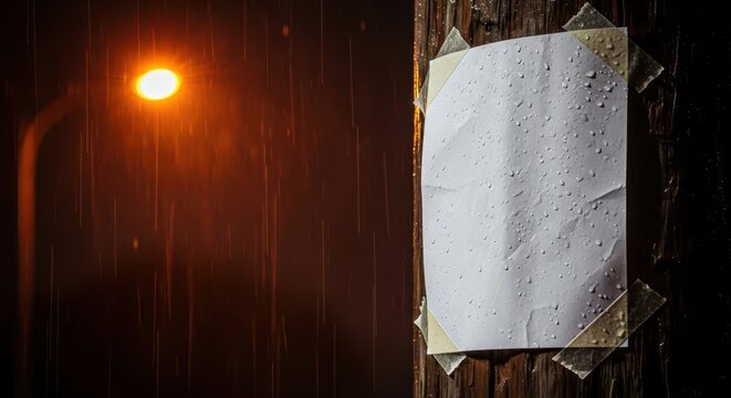 Blank White Paper Poster Taped on Wooden Pole in the Rain at Night wit