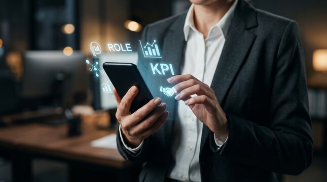 Businessman holding smartphone with holographic KPI, role, and analytics icons. Business performance metrics and digital management concept.
