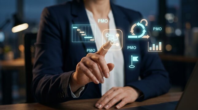 Businessman touching holographic PMO interface with project management icons. Digital workflow, planning optimization, and business process management concept.