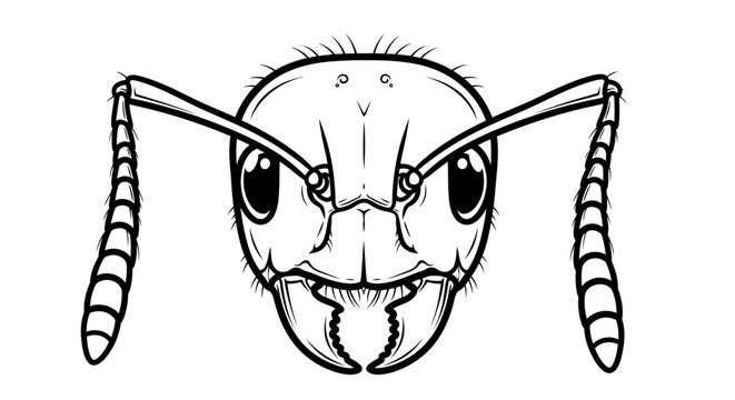Close up illustration of an ants face detailed black and white design