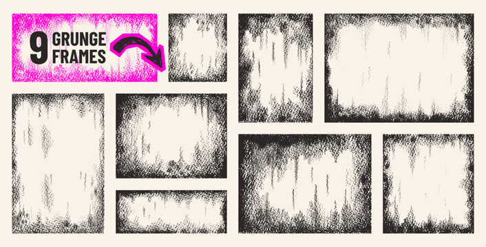 Rough photo frame grafitti. Background with paint paper border. Vector overlay set. Rough brush texture paint frames with old vintage effect. Grunge edge border. Black overlay grafitti photo poster bg