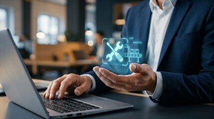 Fototapeta premium Businessman holding holographic lean analytics icon with tools and production line. Manufacturing optimization and operational efficiency concept.