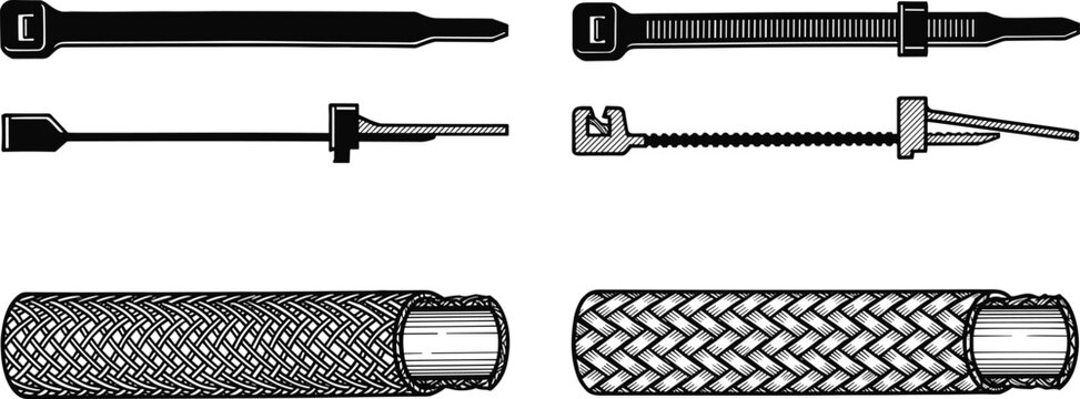 Industrial Cable Tie and Braided Hose Illustration Set with Fastening Straps, Mechanical Tubing, and Engineering Equipment Components