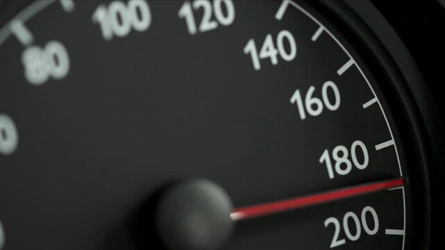 Close-up of a car speedometer with a red needle indicating high speed, with blurred blue police lights in the background. Concept image for speeding, traffic violations, police pursuit, emergency resp