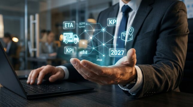 Businessman holding digital hologram with KPI, ETA, and delivery icons. Supply chain management, logistics optimization, and business performance metrics concept.