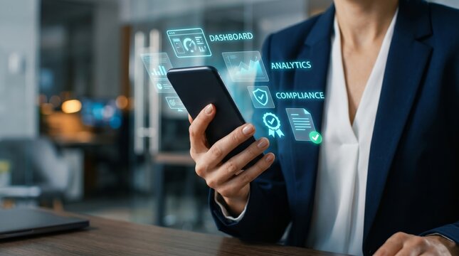 Business professional holding smartphone with holographic dashboard, analytics, and compliance icons. Digital business intelligence and enterprise software management concept.