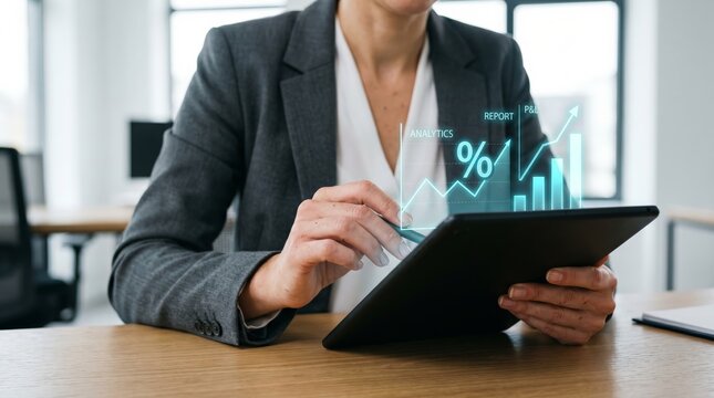 Business analyst viewing financial analytics on tablet with hologram charts and growth metrics. Data analysis, business intelligence, and digital reporting concept.