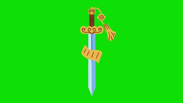 Video of a traditional Chinese ceremonial sword with a golden hilt and decorative tassel on a green screen background. Cheung chau bun festival. Hand drawn.