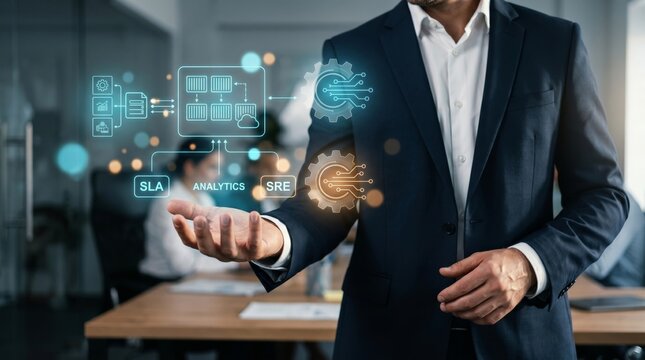 Businessman displaying holographic cloud infrastructure with SLA, analytics, and SRE icons. IT operations, cloud computing, and DevOps management concept.