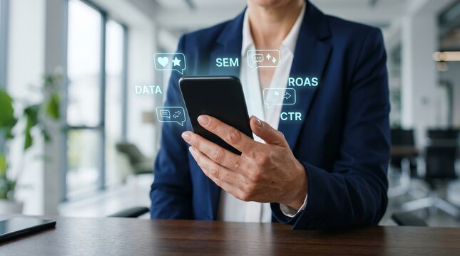 Businessman holding smartphone with digital marketing metrics hologram. SEM, ROAS, CTR, and data analytics concept.