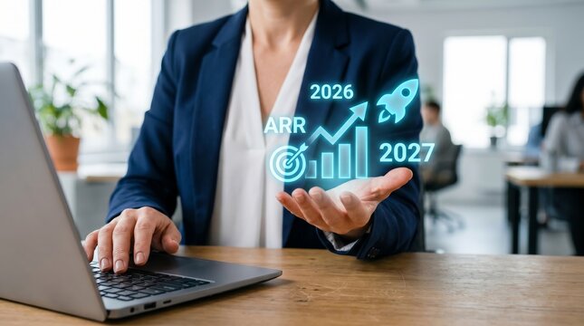 Businesswoman displaying holographic growth chart with 2026-2027 forecast and ARR metrics. Business growth, revenue projection, and financial forecasting concept.
