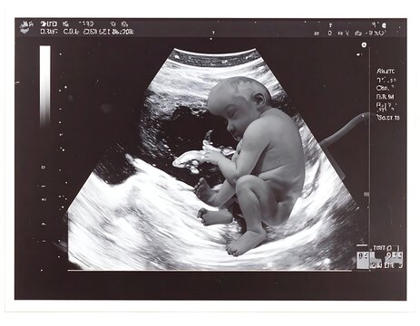 A grayscale sonogram image of a fetus