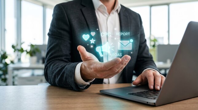 Businessman holding glowing digital marketing icons with CPB report and ROAS metrics. Marketing automation and campaign performance analytics concept.