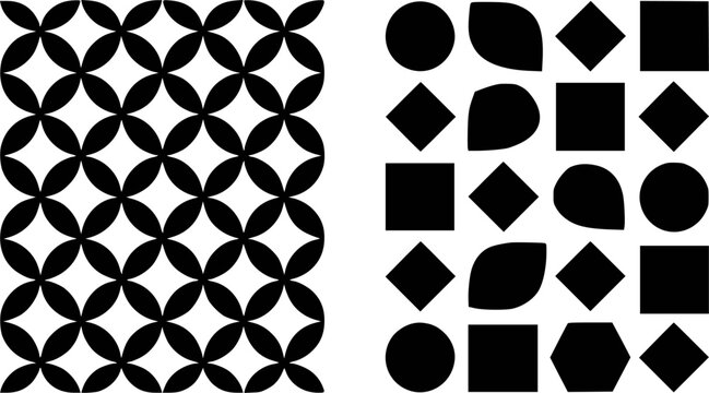 Black geometric patterns: interlocking circles and scattered shapes white
