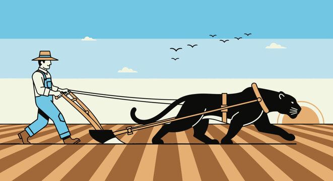 Farmer plowing field with black panther depicting perseverance and determination