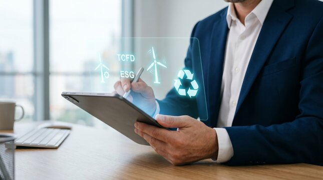 Businessman using tablet with holographic ESG, TCFD, and recycling icons. Sustainable business, environmental responsibility, and corporate governance concept.