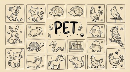 Naklejka premium Cute hand drawn pet illustrations of various animals