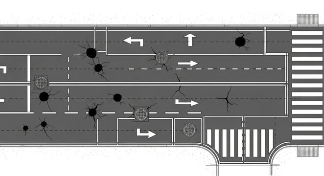 Top view of a city intersection with traffic lights and pedestrian crossings.
