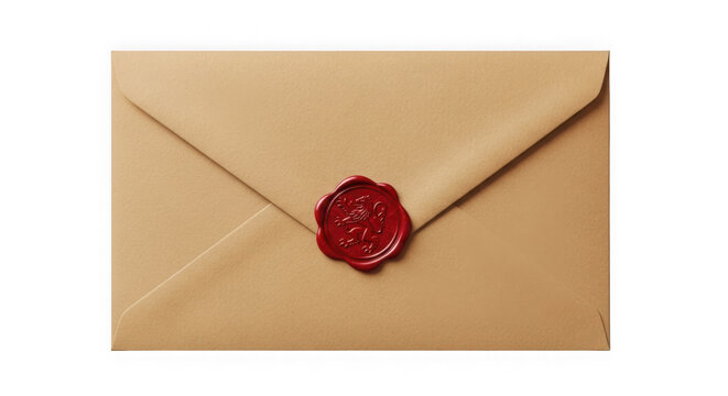 Old brown paper envelope sealed with a red wax stamp for a vintage letter or secret message isolated on transparent background
