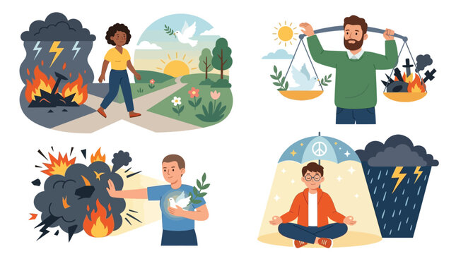 Illustrations depicting individuals finding peace, balance, and protection amidst chaos, storms, and destruction, symbolizing resilience and mental well-being.