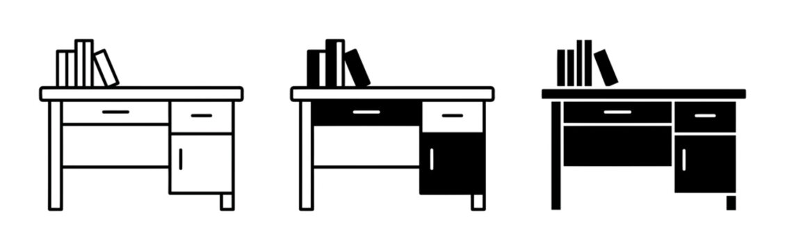3 Office Desk silhouette icons books drawers, solid black style, workplace furniture education set