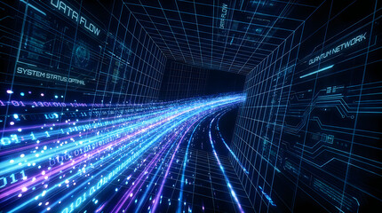 Naklejka premium Data stream tunnel with glowing blue network lines and system nodes