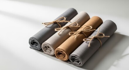 Fototapeta premium Rolled fabric cloths tied with twine string on clean white surface