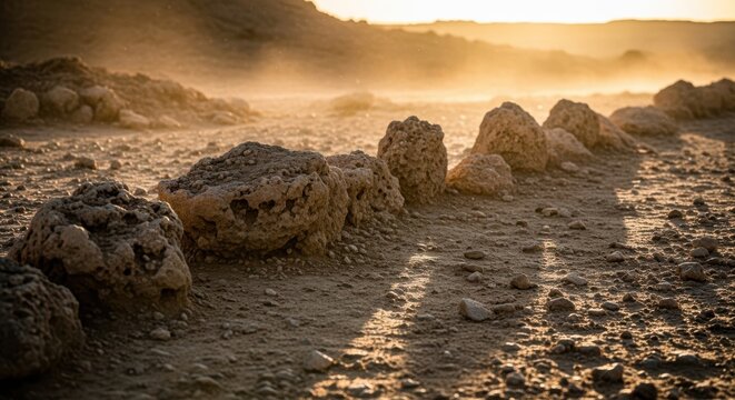 Rocks on a deserted landscape with dust and sunset in the background
