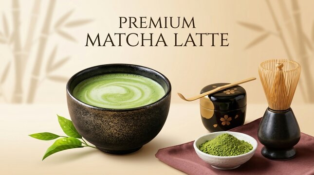Premium Matcha Latte Green Tea Bowl with Matcha Powder and Whisk
