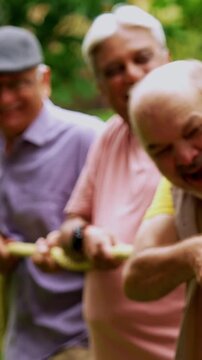 Senior playing tug of war in garden, Indian Asian elderly friends enjoying outdoor physical activity with rope, laughing and pulling together as part of fun reunion game amid green nature