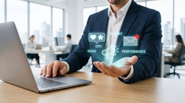 Businessman displaying digital marketing metrics with hologram icons. Digital advertising, CPC, ROAS, and performance reporting concept.