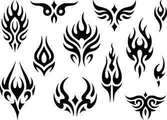 Naklejka premium Collection of black tribal flame and abstract tattoo white background