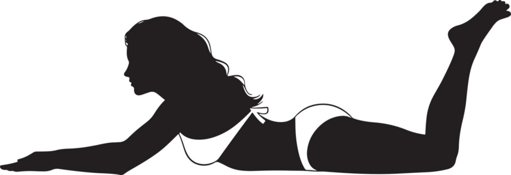 Silhouette of a woman in a bikini sunbathing on a beach with swimwear