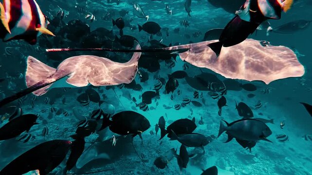 Stunning underwater footage of stingrays and fish in the Maldives.