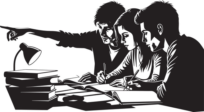 Students studying together at desk with study session, students