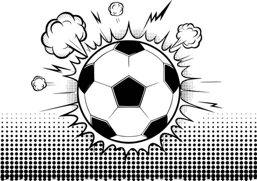 Dynamic black and white comic style soccer ball bursting with energy and speed football