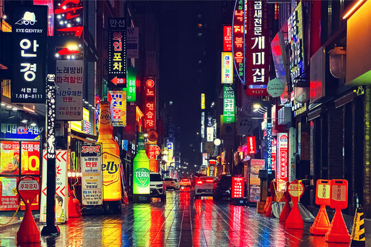South Korea, Busan - March 30, 2026: Night life on a city street