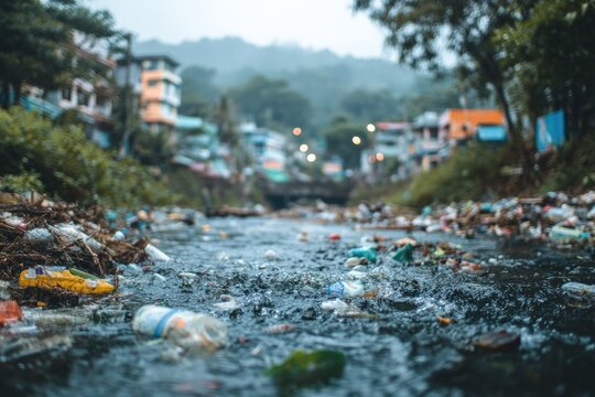 Polluted River Flowing Through a Town