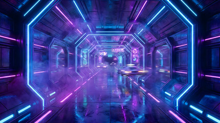 Fototapeta premium Futuristic neon lit corridor with glowing signs in cyberpunk style