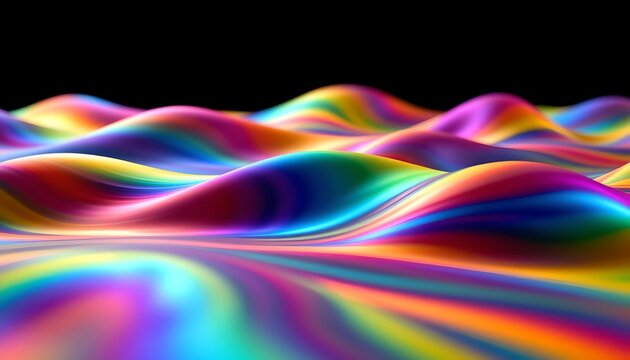The image depicts a vibrant, abstract scene resembling rolling waves or mountains made of shimmering, multicolored light
