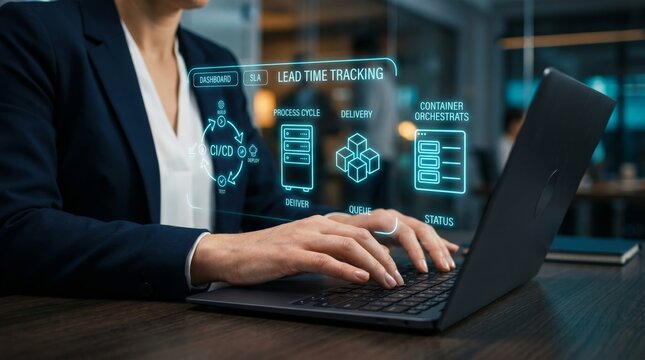 Businessman using laptop with holographic lead time tracking dashboard. DevOps pipeline, CICD process, and container orchestration concept.