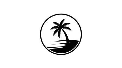 Simple black and white silhouette of a palm tree on an island within a circle, symbolizing tropical vacation, isolated white background. © Bernadya