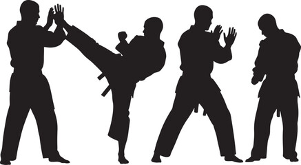 Silhouettes of martial artists practicing karate or taekwondo fighting © SUMA