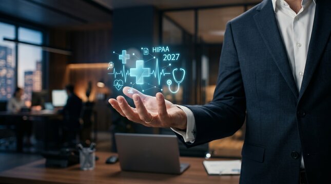 Businessman holding HIPAA 2027 hologram with medical icons. Healthcare compliance, data security, and regulatory innovation concept.