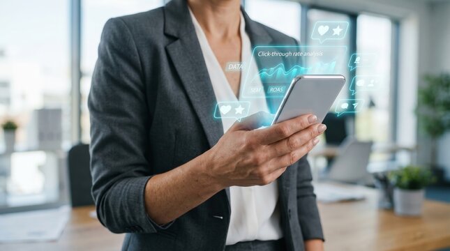 Businesswoman holding tablet with digital marketing analytics hologram. Data analysis, click-through rate, and ROAS metrics concept.