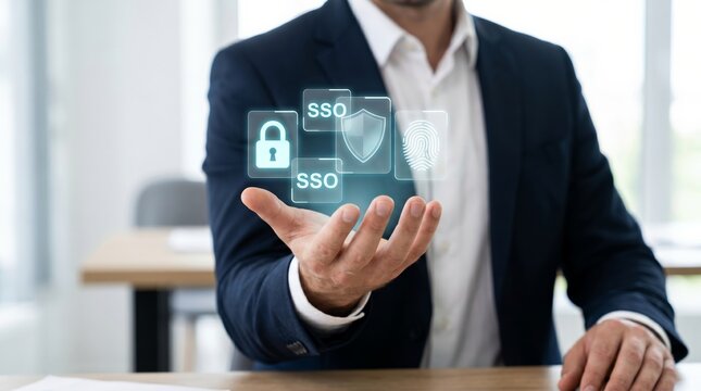 Businessman displaying SSO single sign-on security system with fingerprint and lock icons. Digital identity authentication and cybersecurity concept.