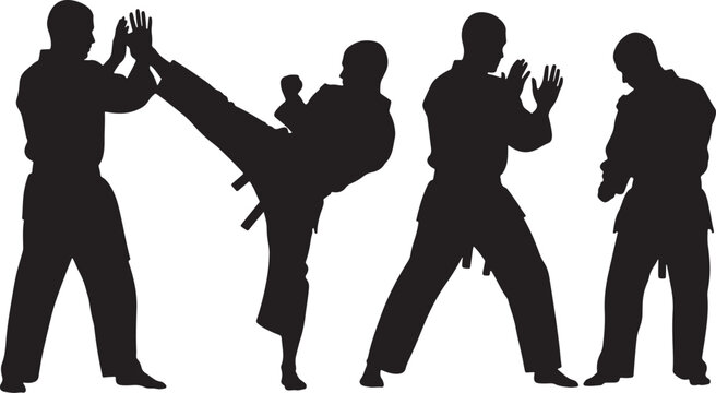 Silhouettes of martial artists practicing karate or taekwondo fighting
