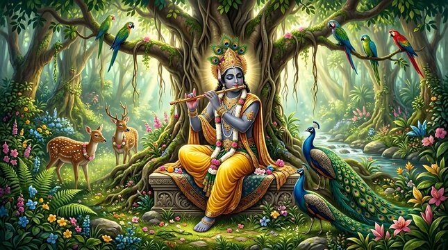 Lord krishna playing flute in a serene forest hindu deity illustration indian mythology