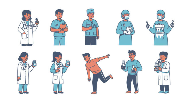 Medical professionals and activities illustrated in cartoon style