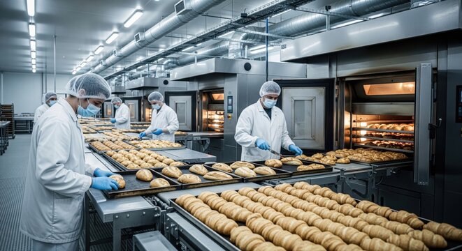 Clean bakery factory scene with masked workers checking baked products near conveyor and oven equipment during commercial food production process.